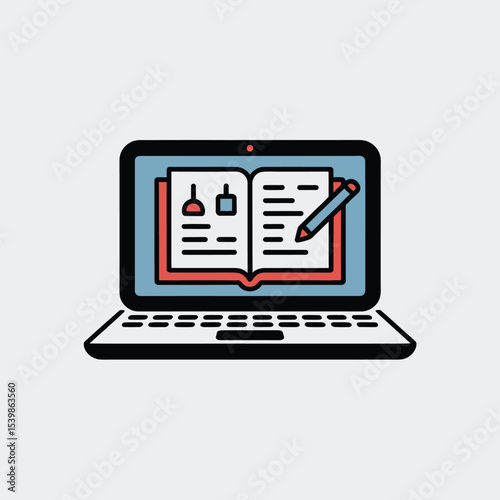 Digital learning concept depicted through a laptop displaying an open book with a pencil suggesting online education and note-taking