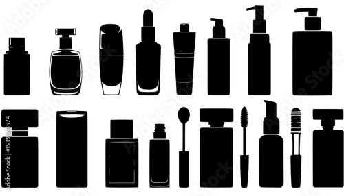 Silhouettes of cosmetic bottles and jars in various shapes and sizes  