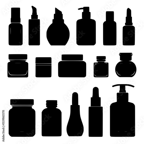 Silhouettes of cosmetic bottles and jars in various shapes and sizes  