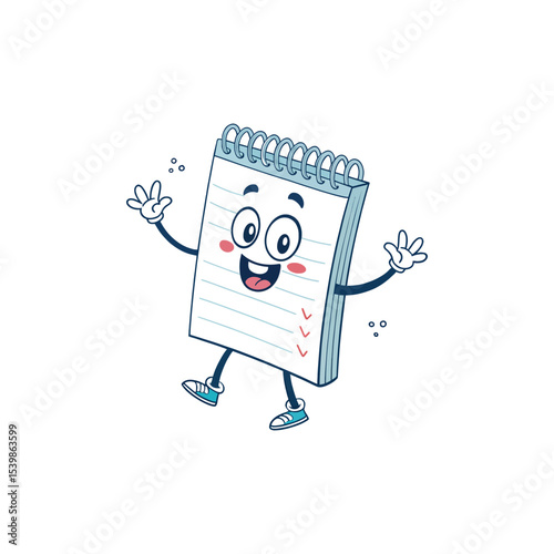 Animated spiral notepad:A cheerful notepad character with spiral binding, striped pages, a smiling face, eyes, and expressive arms and legs, is depicted in a playful cartoon illustration.