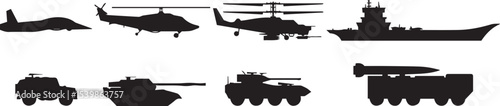 Vector illustration of military tanks, side and front views, armored vehicle silhouettes, war machine graphics for defense, army, and combat design