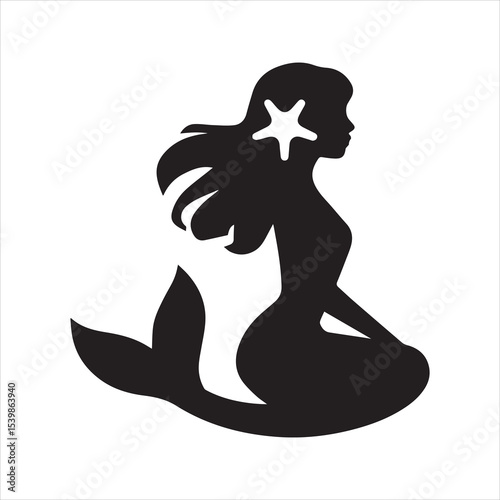 Mermaid Silhouette Vector Illustration with Flowing Hair and Starfish