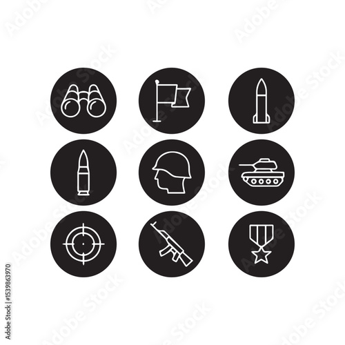 Set of 9 Military and War Icons – Vector Symbols of Soldiers, Weapons, Tanks, Missiles, and Defense Equipment. Simple line illustration.