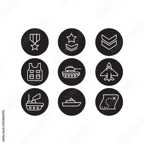 Set of 9 Military and War Icons – Vector Symbols of Soldiers, Weapons, Tanks, Missiles, and Defense Equipment. Simple line illustration.