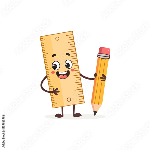 Smiling Ruler and Pencil Character: A whimsical illustration of a cheerful ruler and a pencil, both personified with smiling faces, embodying the joy of learning and creativity.