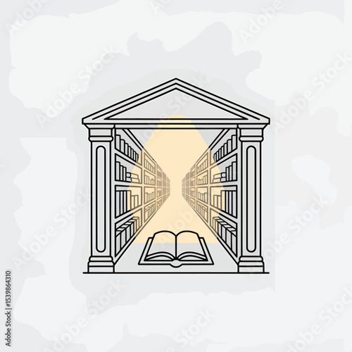 Elegant line art illustration of a classical library featuring rows of books and an open book symbolizing knowledge and learning