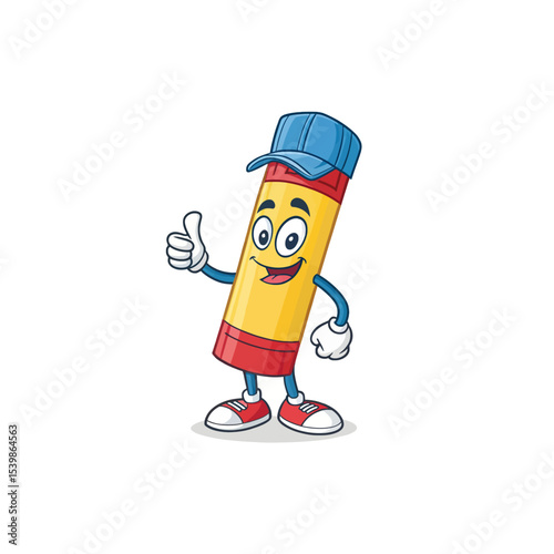 Glue Stick Mascot Thumbs Up: A cheerful glue stick character, wearing a blue cap and sneakers, gives a thumbs-up, conveying a positive and playful message.