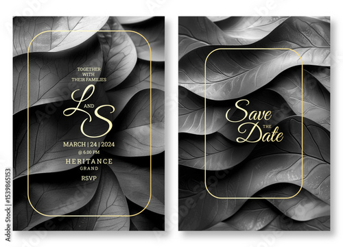 Wedding invitation template, business brochure template, elegant leaves art black and white flyer design, universal background, versatile vector background, creative brochure template, party