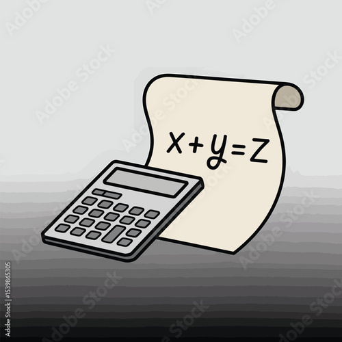 Illustrated mathematics concept depicting addition equation alongside a calculator ideal for educational and financial design