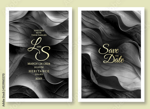 Wedding invitation template, business brochure template, elegant leaves texture art black and white flyer design, universal background, versatile vector background, creative brochure template, party