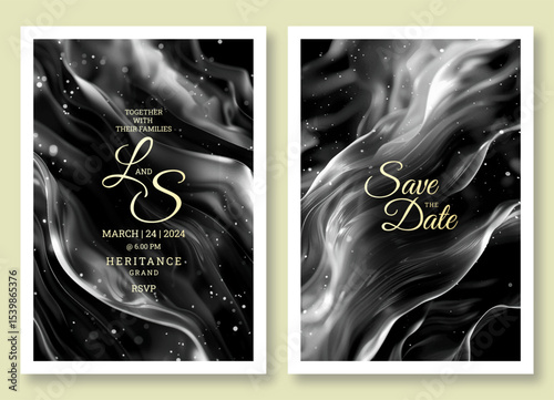 Wedding invitation template, business brochure template, elegant wave art black and white flyer design, universal background, versatile vector background, creative brochure template, party invitation