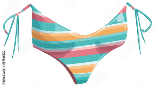 An illustration of a women's bikini top. The bikini top is predominantly teal, with horizontal stripes in shades of orange, pink, and white.  The top features tie strings at each shoulder. 