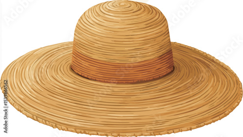 A close-up studio shot of a wide-brimmed straw sun hat. The hat is light beige or tan in color, with a noticeable texture showing the woven straw construction. A brown ribbon or band encircles 