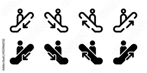 Escalator Icon Set. A black glyph and outline icon of an escalator, indicating moving stairs.