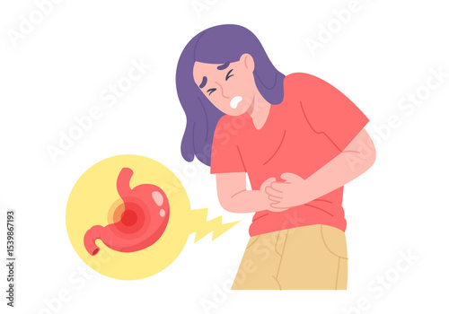 Young woman is suffering from stomach pain caused by gastritis. Abdominal pain caused by a gastric ulcer. Concept of health care, digestive disease, illness, stomachache. Flat vector illustration.