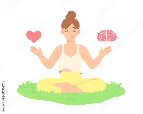Young woman is meditating on the grass to balance her mind and heart. Practicing of emotional awareness. Concept of feelings, mental health, self-awareness, peaceful mind. Flat vector illustration.