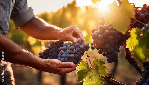 Manos de un agricultor vendimiando en el campo con un racimo de uvas maduras en un viñedo con luz de atardecer durante la vendimia