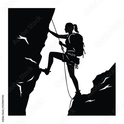 Silhouette of a Female Rock Climber Ascending a Cliff with Rope and Backpack for Outdoor Adventure