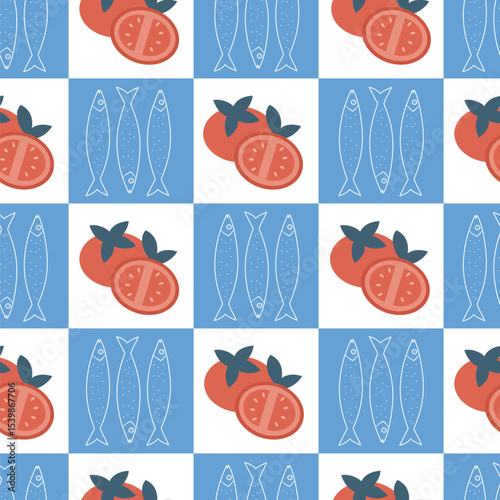 cute hand drawn summertime checkered seamless vector pattern background illustration with red tomatoes and sardine