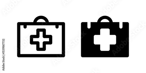 First Aid Kit Icon Set. A black glyph and outline icon of a first aid kit, representing emergency medical supplies.