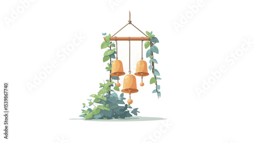 A digital illustration depicting a hanging wind chime. The wind chime consists of three golden bells suspended from a triangular wooden frame strung with rope.  Ivy or similar climbing plant with