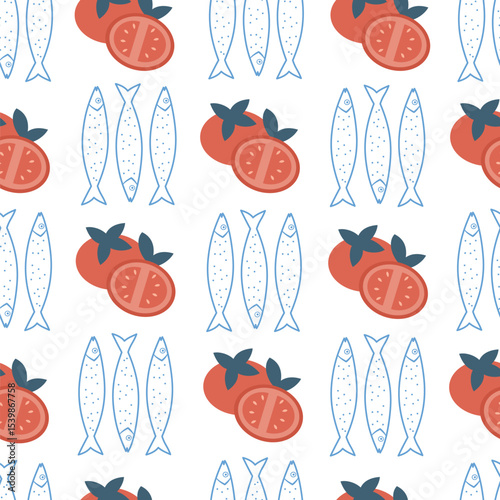 cute hand drawn summertime seamless vector pattern background illustration with red tomatoes and blue sardine
