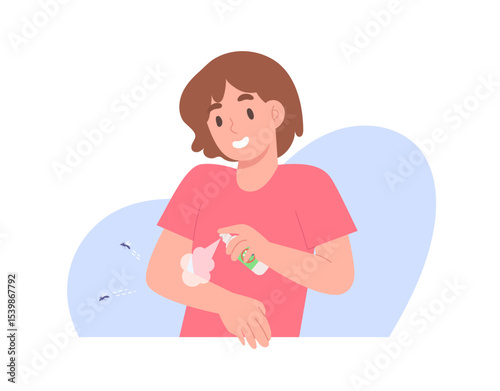 Young woman is using mosquito repellent spray to prevent mosquito bites. Dengue or Malaria fever prevention. Concept of health care, insect pest control, safety. Flat vector illustration.