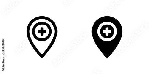 Healthcare Location Icon Set. A black glyph and outline icon of a location pin with a cross, indicating medical facilities.