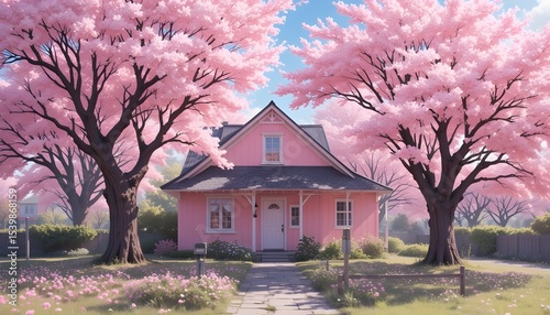 Pink House Under Blooming Cherry Blossom Trees
By pupuy