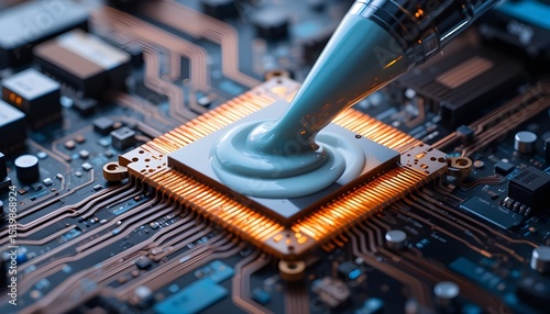 Abstract, stylized image of thermal paste applied to a processor. Conceptual shot symbolizing cooling technology, efficiency, and hardware maintenance. Ideal for technology blogs.