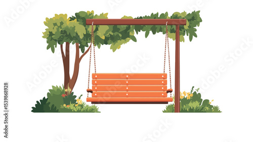 The image is a digital illustration depicting an orange wooden swing bench hanging from a simple wooden frame suspended between two trees. The trees and surrounding foliage are depicted in a