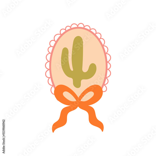 Boho cactus in pink scalloped frame with orange ribbon decoration