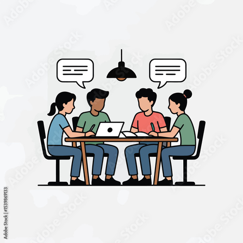Team of four individuals collaborating around a table with speech bubbles and a laptop for discussion and project planning