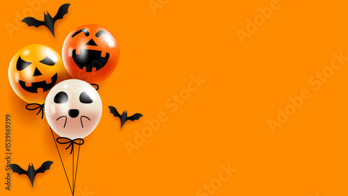 Three Halloween balloons with bats float and space for text on orange background; suitable for festive designs, invitations, posters, and social media posts.