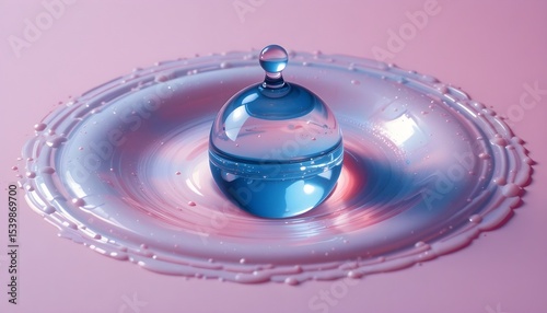 Water Droplet Forming a Perfect Sphere on Pink and Blue Surface