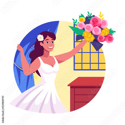 A flat style illustration showing a person holding bouquet toss