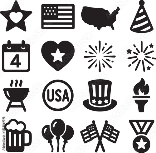 Independence day American Culture Icon Set: Minimalist Line Art Celebrating Patriotism, Traditions, and Festive Themes. american flag, map, calender, firework, medal award, hat, flame tourch, baloon.