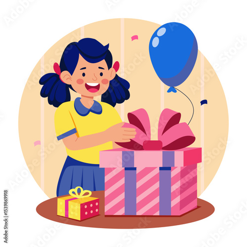 A flat style illustration showing a kid opening gift