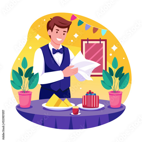 A flat style illustration showing dinning service