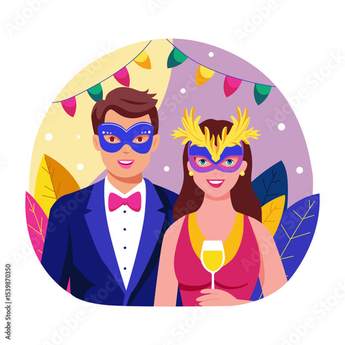 A flat style illustration showing masquerade party