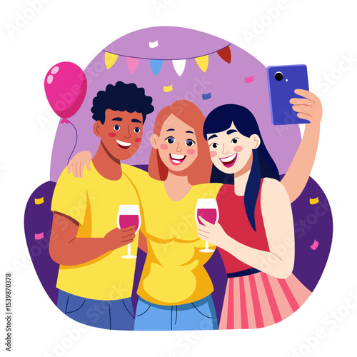 A flat style illustration showing friends taking pictures