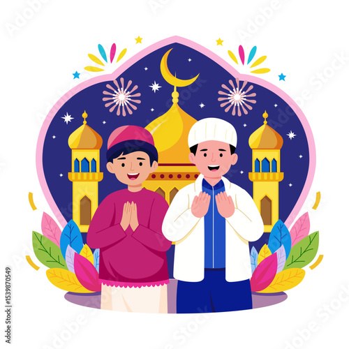 A flat style illustration showing eid celebration