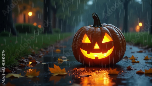 An enchanting and slightly spooky Halloween scene set on a wet, paved path during a rainy night. A vibrant orange jack-o'-lantern with a classic, glowing carved face.