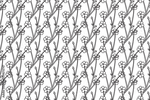 Line art botanical floral seamless pattern vector illustration. Repeating wildflowers meadow plants whit outline flowers in white background. Graphic design for Fashion Wedding Greeting Card Cover