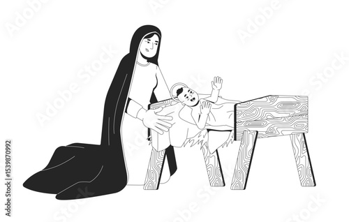 Mary kneeling beside baby Jesus swaddled in straw manger 2D line bible characters. Maternal care. Christ birth. Nativity mother isolated vector ink outline people. Monochromatic spot illustration