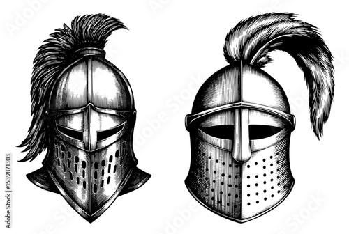 Medieval helmets with plumes in detailed engraved style, black and white.