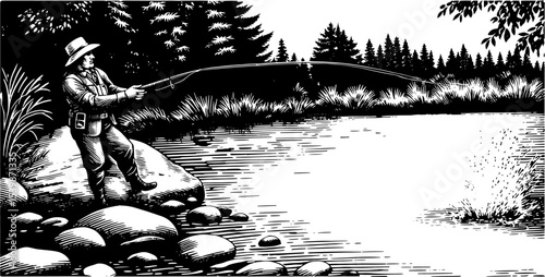 Man fishing, fish biting, black and white illustration