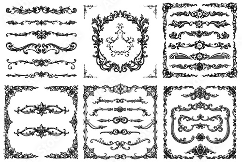 Ornate rococo design elements in black and white