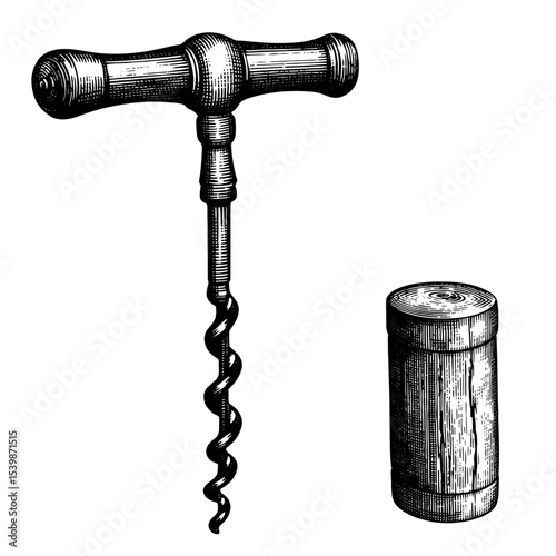 A corkscrew and cork in a vintage engraving style in black and white