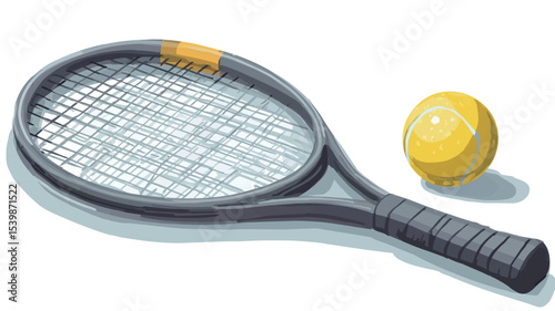 A digital illustration depicting a grey tennis racket lying horizontally, angled slightly to the right, with a yellow tennis ball positioned to its right. The racket has a dark grey frame, 